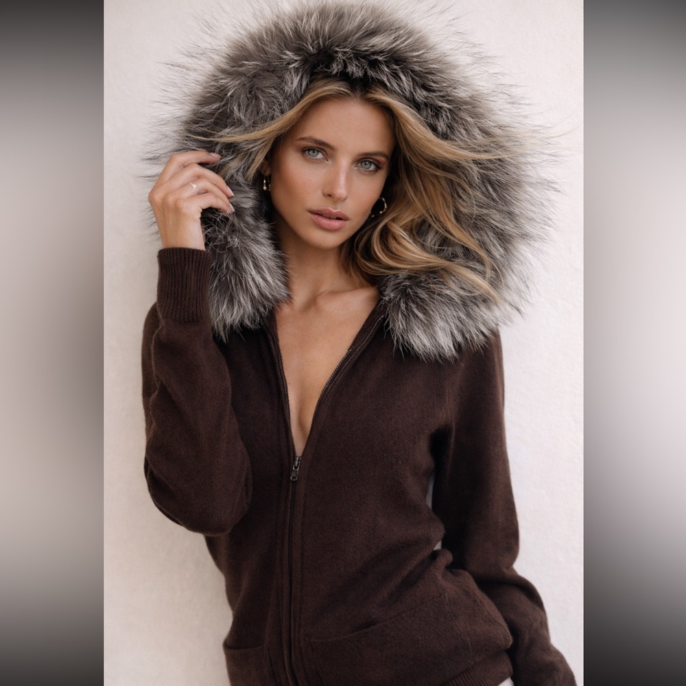 St. John Cashmere Fur Trim  knit sweater  Arctic Fox Fur brown